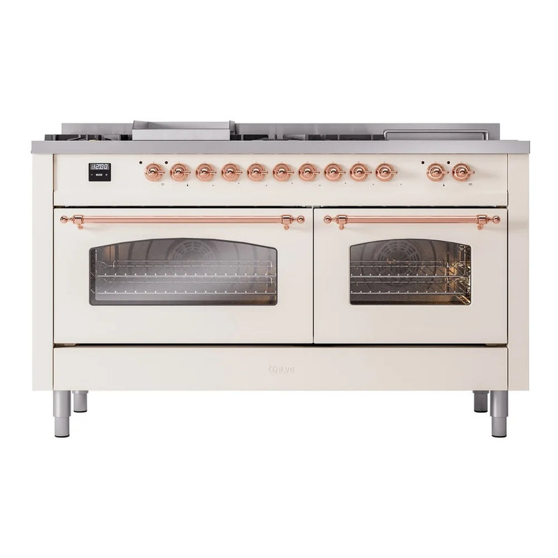 ILVE Nostalgie II 60" Dual Fuel Freestanding Range in Antique White with Copper Trim, UP60FSNMPAWPLP