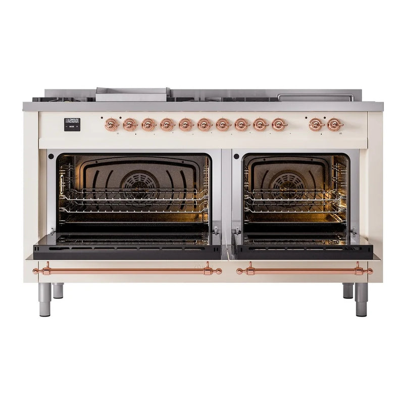 ILVE Nostalgie II 60" Dual Fuel Freestanding Range in Antique White with Copper Trim, UP60FSNMPAWPLP