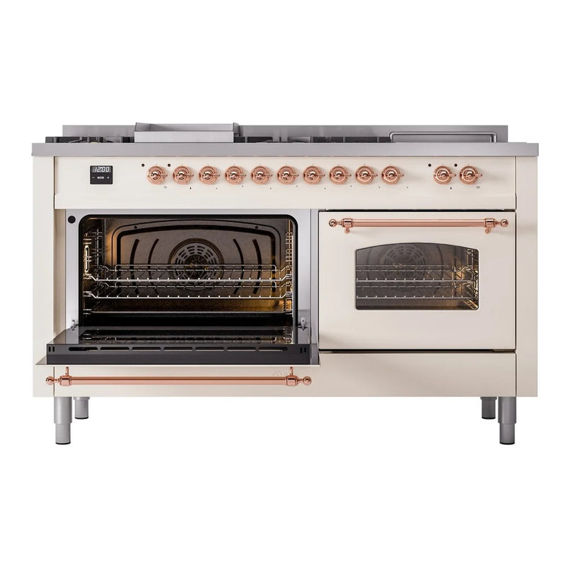 ILVE Nostalgie II 60" Dual Fuel Freestanding Range in Antique White with Copper Trim, UP60FSNMPAWPLP