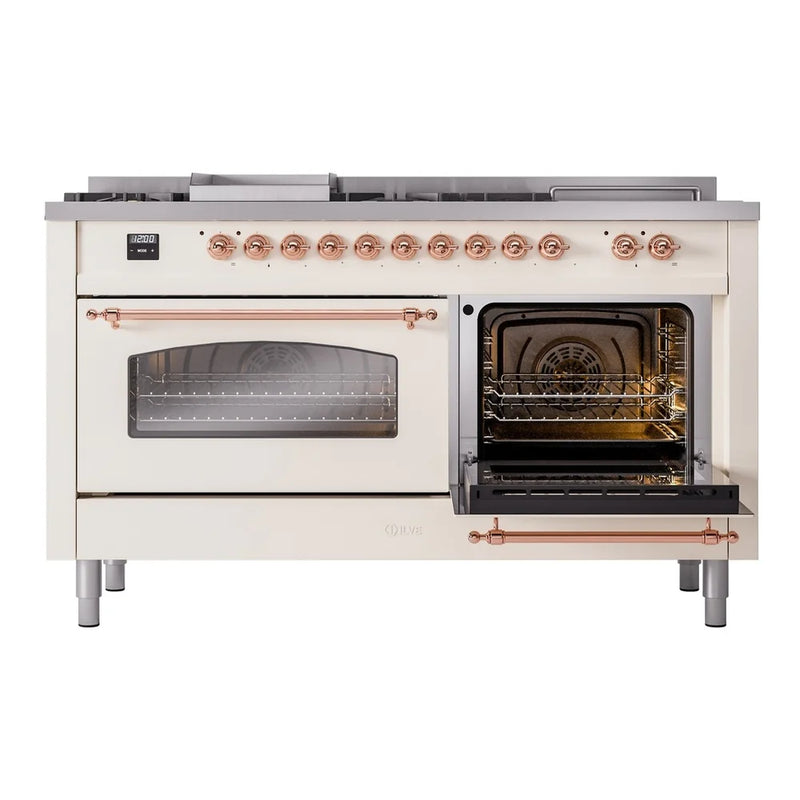 ILVE Nostalgie II 60" Dual Fuel Freestanding Range in Antique White with Copper Trim, UP60FSNMPAWPLP