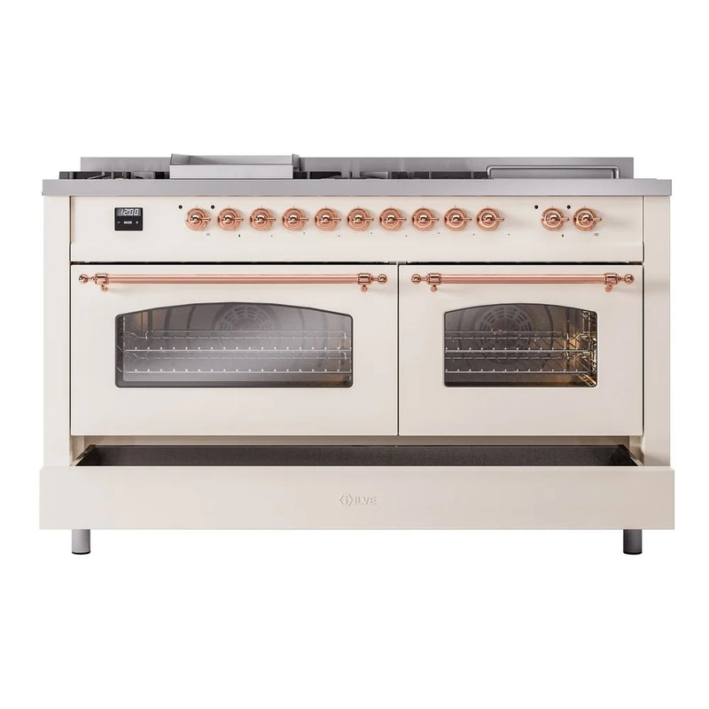 ILVE Nostalgie II 60" Dual Fuel Freestanding Range in Antique White with Copper Trim, UP60FSNMPAWPLP