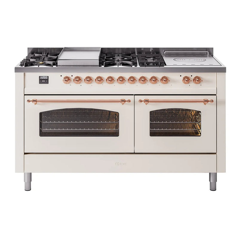 ILVE Nostalgie II 60" Dual Fuel Freestanding Range in Antique White with Copper Trim, UP60FSNMPAWP
