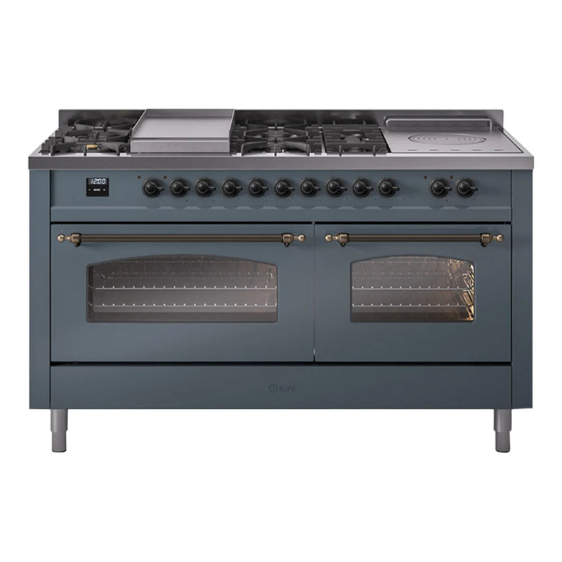 ILVE Nostalgie II 60" Dual Fuel Freestanding Range in Blue Grey with Burnished Trim, UP60FSNMPBGB
