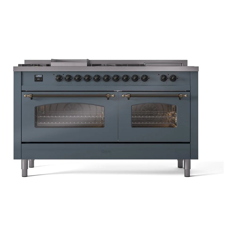 ILVE Nostalgie II 60" Dual Fuel Freestanding Range in Blue Grey with Burnished Trim, UP60FSNMPBGB