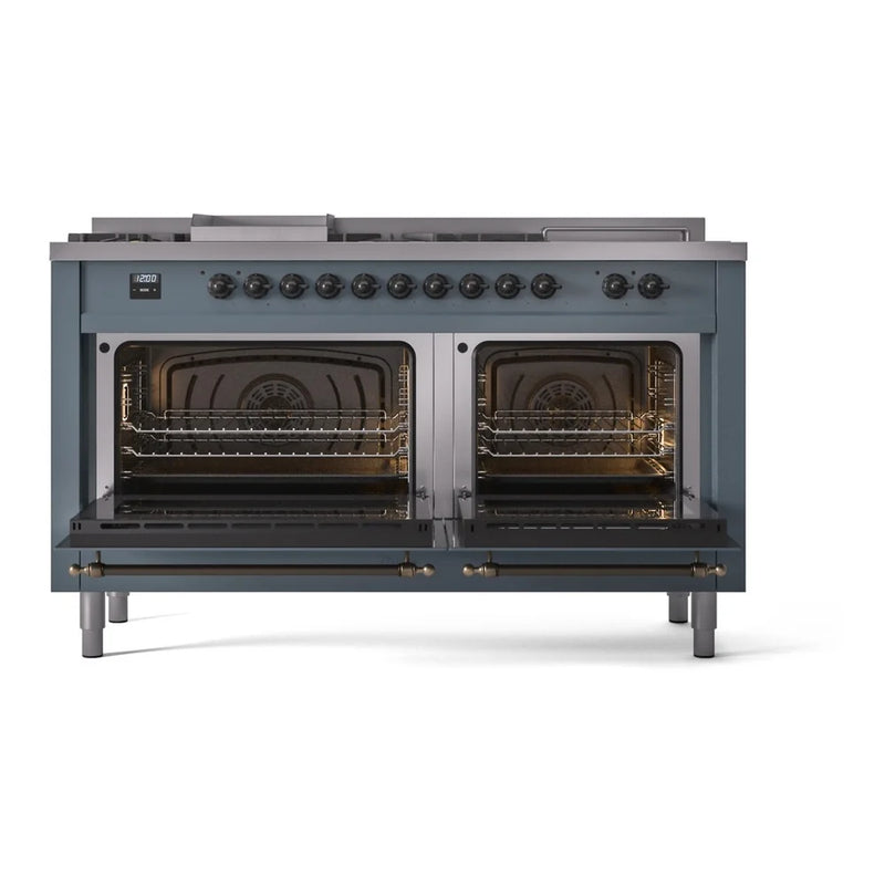 ILVE Nostalgie II 60" Dual Fuel Freestanding Range in Blue Grey with Burnished Trim, UP60FSNMPBGB