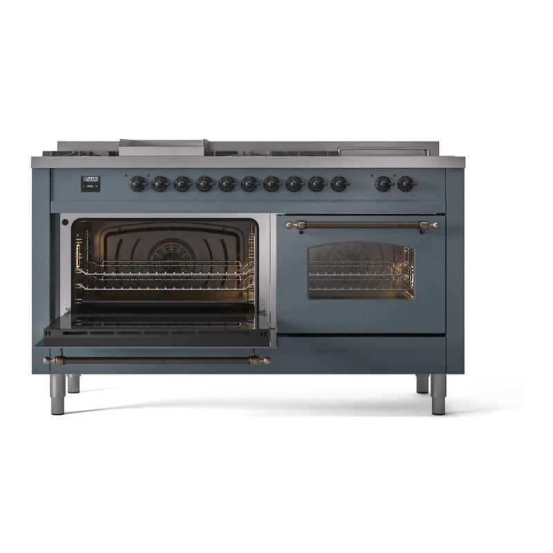 ILVE Nostalgie II 60" Dual Fuel Freestanding Range in Blue Grey with Burnished Trim, UP60FSNMPBGB