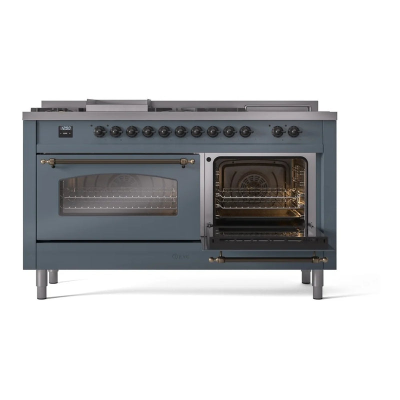 ILVE Nostalgie II 60" Dual Fuel Freestanding Range in Blue Grey with Burnished Trim, UP60FSNMPBGB