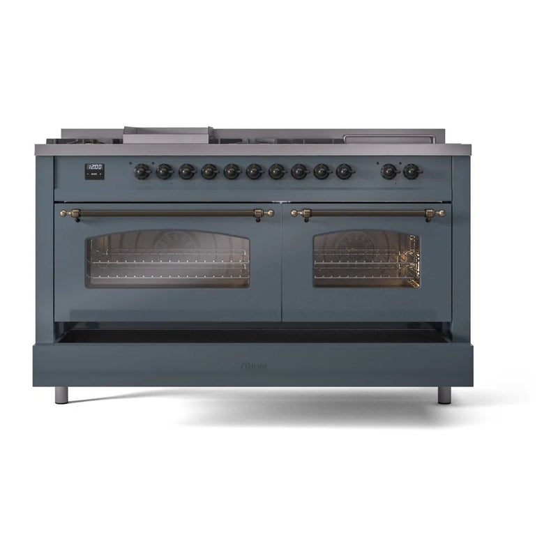 ILVE Nostalgie II 60" Dual Fuel Freestanding Range in Blue Grey with Burnished Trim, UP60FSNMPBGB