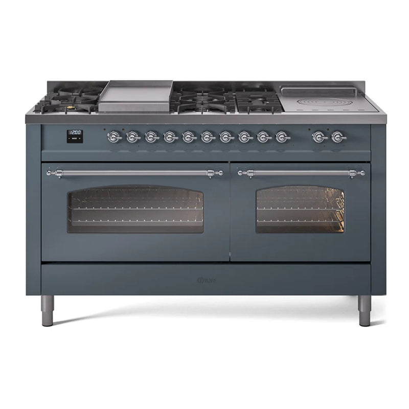 ILVE Nostalgie II 60" Dual Fuel Freestanding Range in Blue Grey with Chrome Trim, UP60FSNMPBGCLP