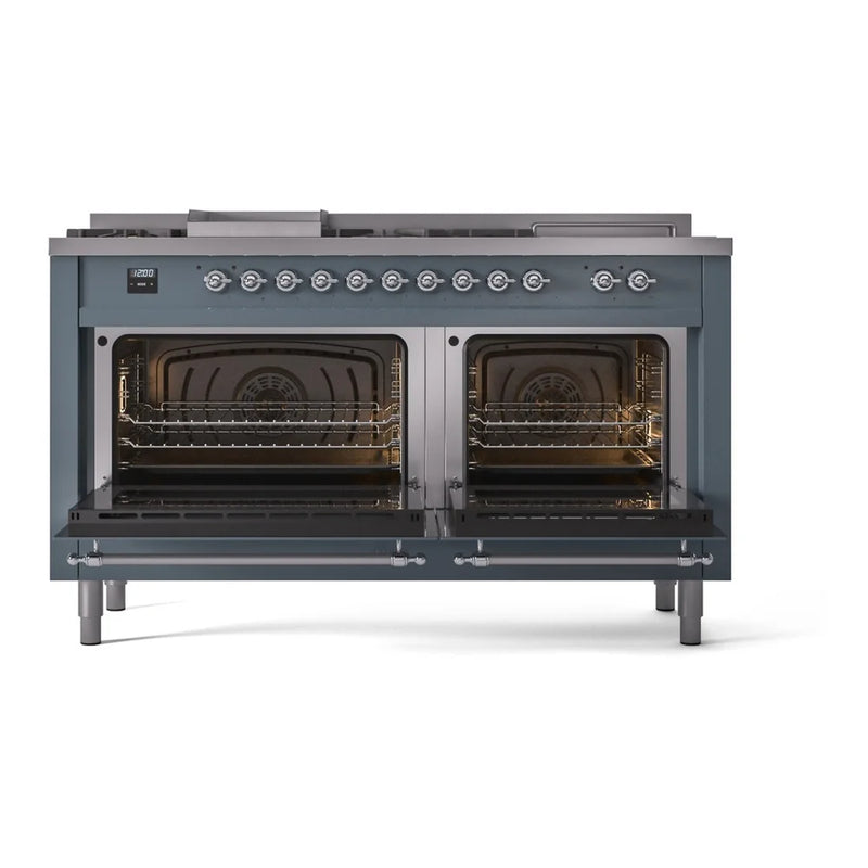 ILVE Nostalgie II 60" Dual Fuel Freestanding Range in Blue Grey with Chrome Trim, UP60FSNMPBGCLP