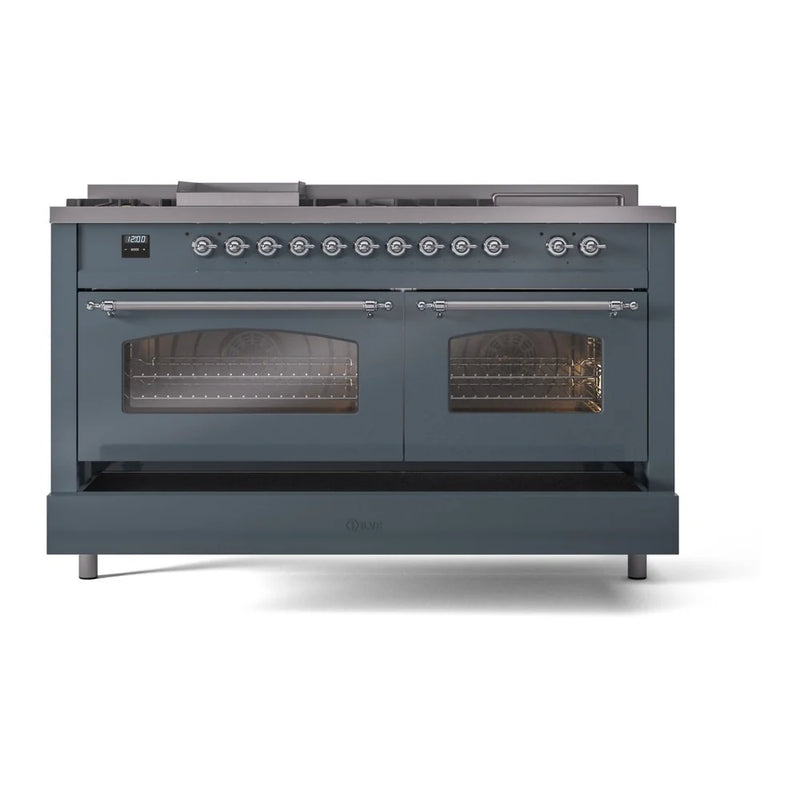 ILVE Nostalgie II 60" Dual Fuel Freestanding Range in Blue Grey with Chrome Trim, UP60FSNMPBGCLP