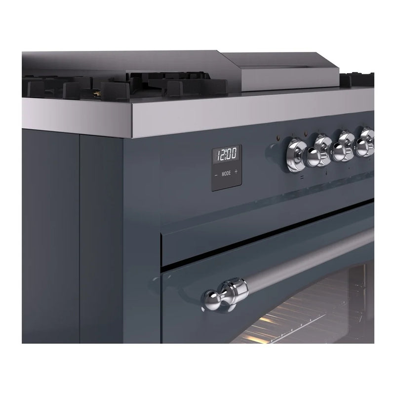 ILVE Nostalgie II 60" Dual Fuel Freestanding Range in Blue Grey with Chrome Trim, UP60FSNMPBGCLP