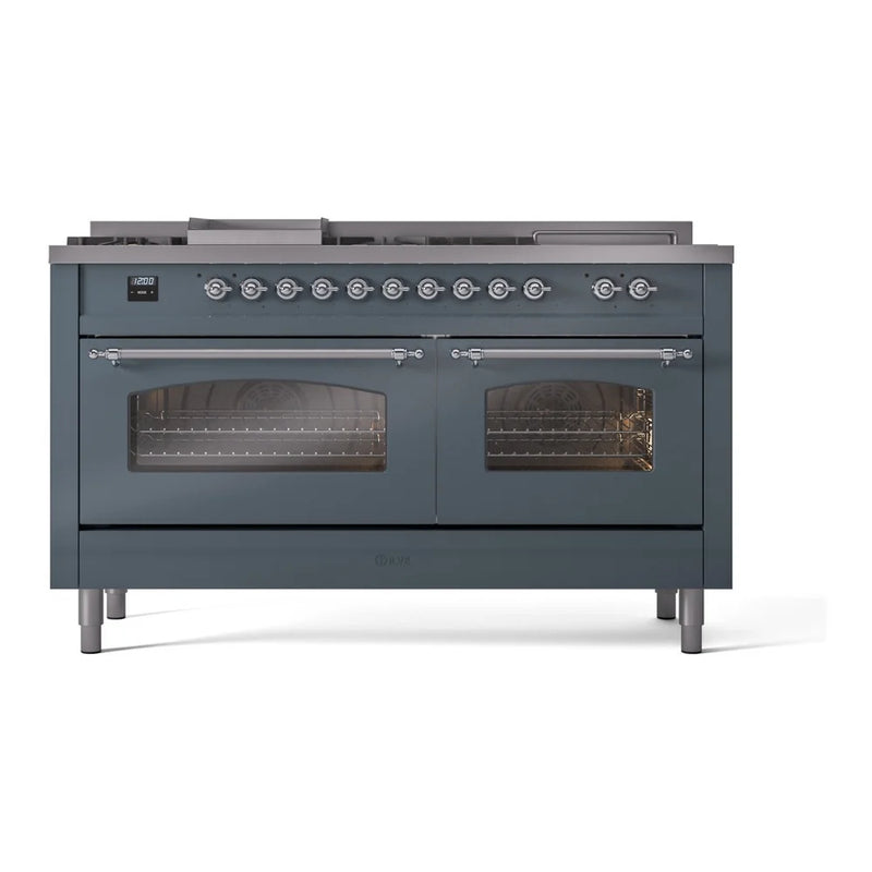 ILVE Nostalgie II 60" Dual Fuel Freestanding Range in Blue Grey with Chrome Trim, UP60FSNMPBGC