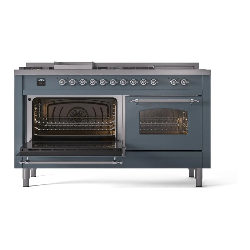 ILVE Nostalgie II 60" Dual Fuel Freestanding Range in Blue Grey with Chrome Trim, UP60FSNMPBGC