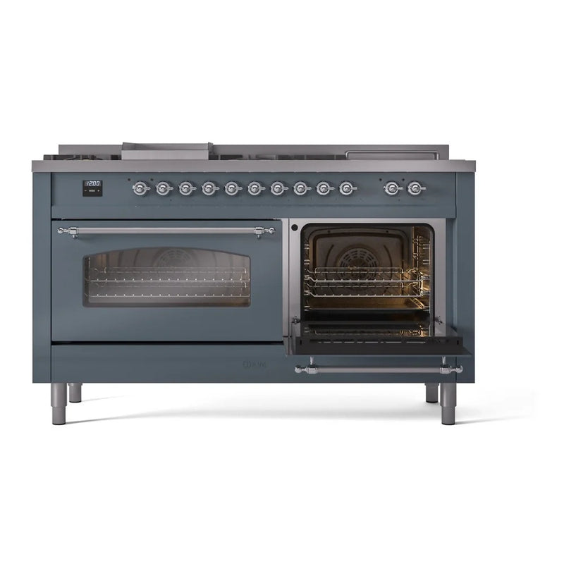 ILVE Nostalgie II 60" Dual Fuel Freestanding Range in Blue Grey with Chrome Trim, UP60FSNMPBGC