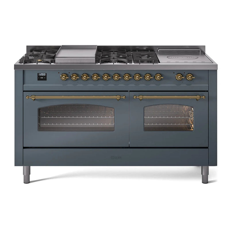 ILVE Nostalgie II 60" Dual Fuel Freestanding Range in Blue Grey with Brass Trim, UP60FSNMPBGGLP