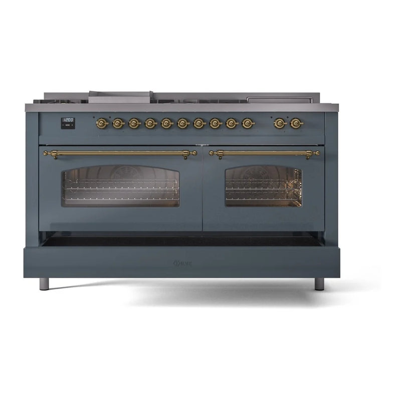 ILVE Nostalgie II 60" Dual Fuel Freestanding Range in Blue Grey with Brass Trim, UP60FSNMPBGGLP