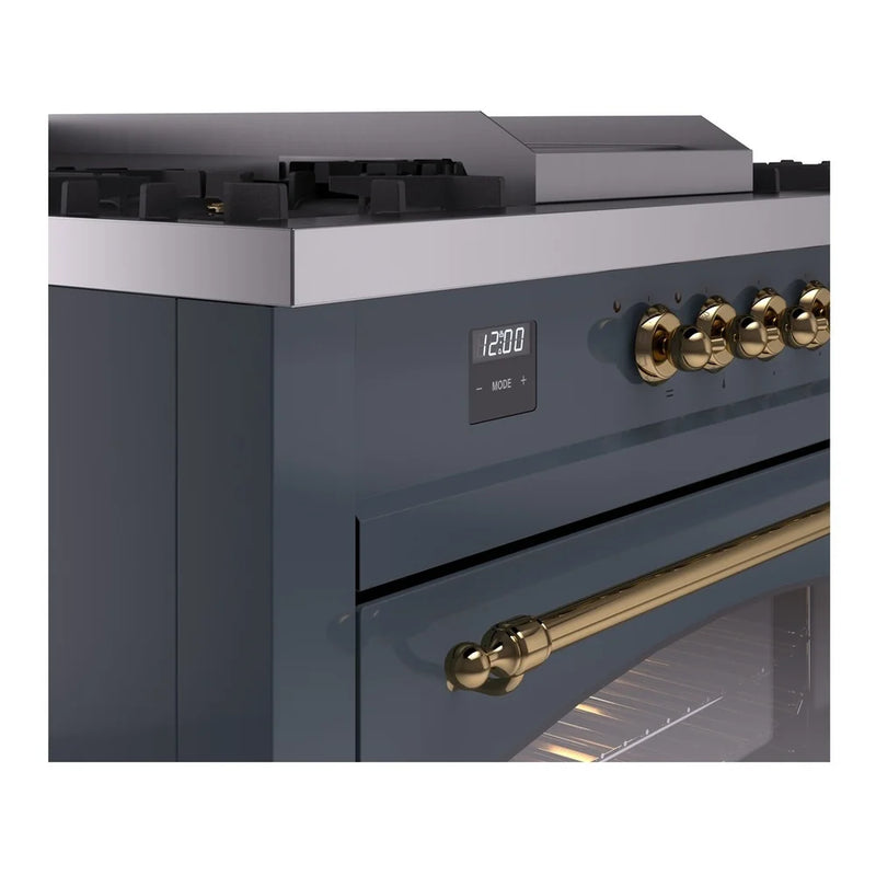 ILVE Nostalgie II 60" Dual Fuel Freestanding Range in Blue Grey with Brass Trim, UP60FSNMPBGGLP
