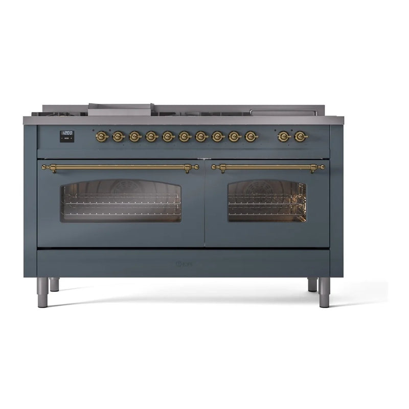 ILVE Nostalgie II 60" Dual Fuel Freestanding Range in Blue Grey with Brass Trim, UP60FSNMPBGG