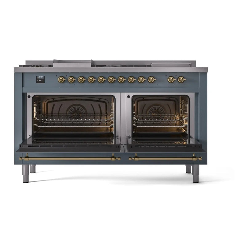 ILVE Nostalgie II 60" Dual Fuel Freestanding Range in Blue Grey with Brass Trim, UP60FSNMPBGG