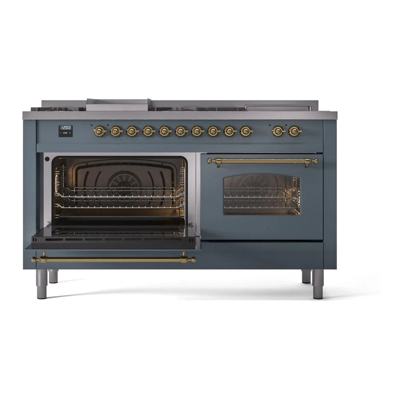 ILVE Nostalgie II 60" Dual Fuel Freestanding Range in Blue Grey with Brass Trim, UP60FSNMPBGG