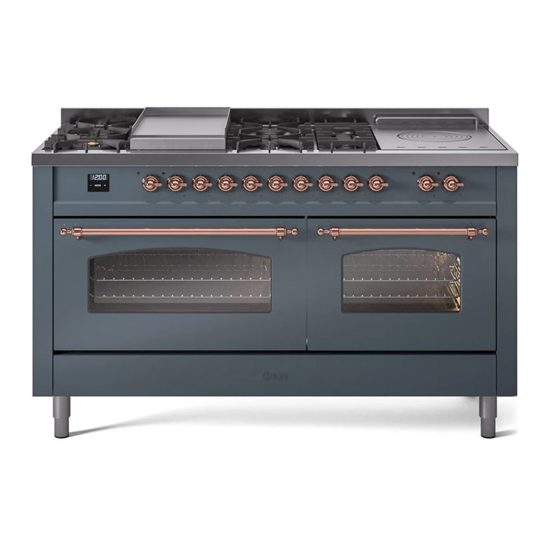 ILVE Nostalgie II 60" Dual Fuel Freestanding Range in Blue Grey with Copper Trim, UP60FSNMPBGPLP