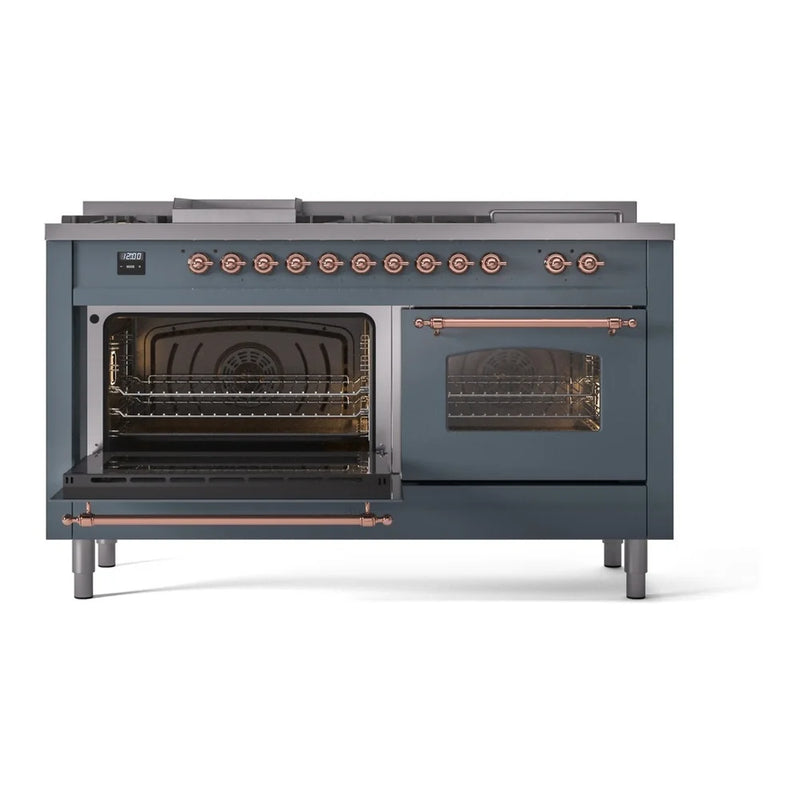 ILVE Nostalgie II 60" Dual Fuel Freestanding Range in Blue Grey with Copper Trim, UP60FSNMPBGPLP