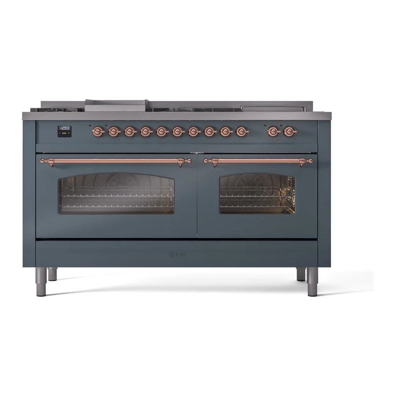 ILVE Nostalgie II 60" Dual Fuel Freestanding Range in Blue Grey with Copper Trim, UP60FSNMPBGP