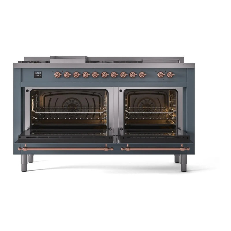 ILVE Nostalgie II 60" Dual Fuel Freestanding Range in Blue Grey with Copper Trim, UP60FSNMPBGP