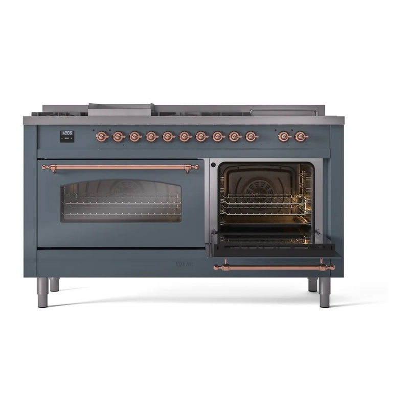 ILVE Nostalgie II 60" Dual Fuel Freestanding Range in Blue Grey with Copper Trim, UP60FSNMPBGP
