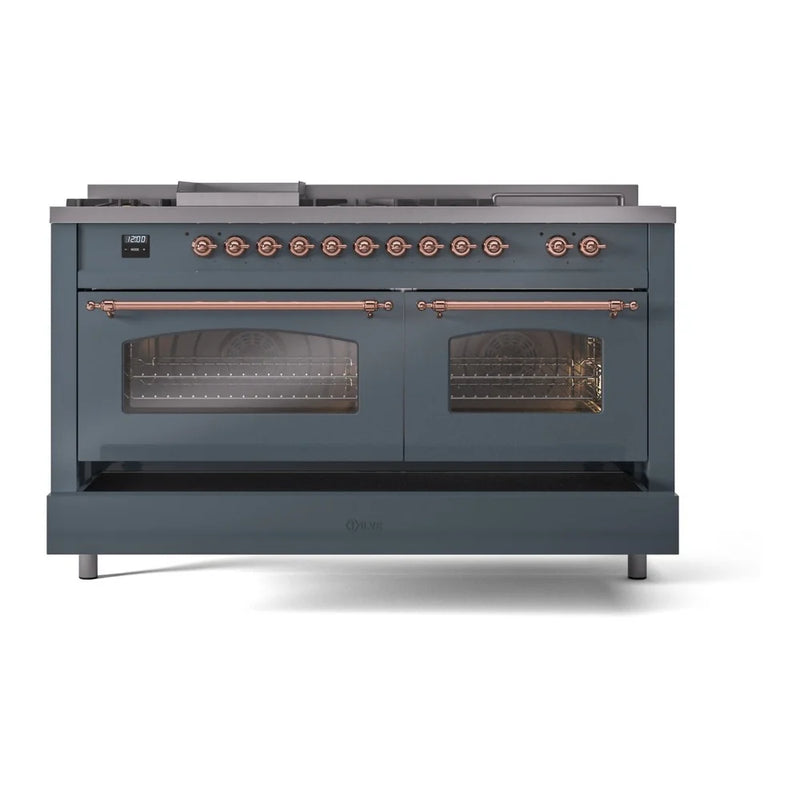 ILVE Nostalgie II 60" Dual Fuel Freestanding Range in Blue Grey with Copper Trim, UP60FSNMPBGP