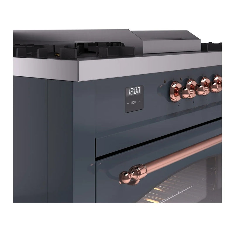 ILVE Nostalgie II 60" Dual Fuel Freestanding Range in Blue Grey with Copper Trim, UP60FSNMPBGP