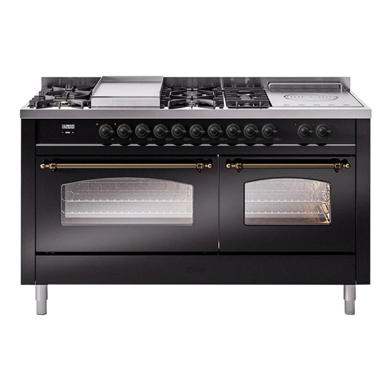 ILVE Nostalgie II 60" Dual Fuel Freestanding Range in Glossy Black with Burnished Trim, UP60FSNMPBKBLP