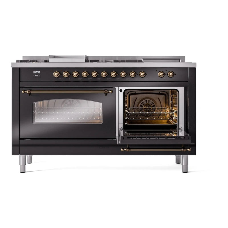 ILVE Nostalgie II 60" Dual Fuel Freestanding Range in Glossy Black with Burnished Trim, UP60FSNMPBKBLP