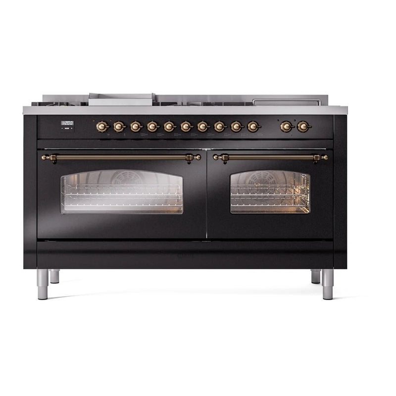 ILVE Nostalgie II 60" Dual Fuel Freestanding Range in Glossy Black with Burnished Trim, UP60FSNMPBKB