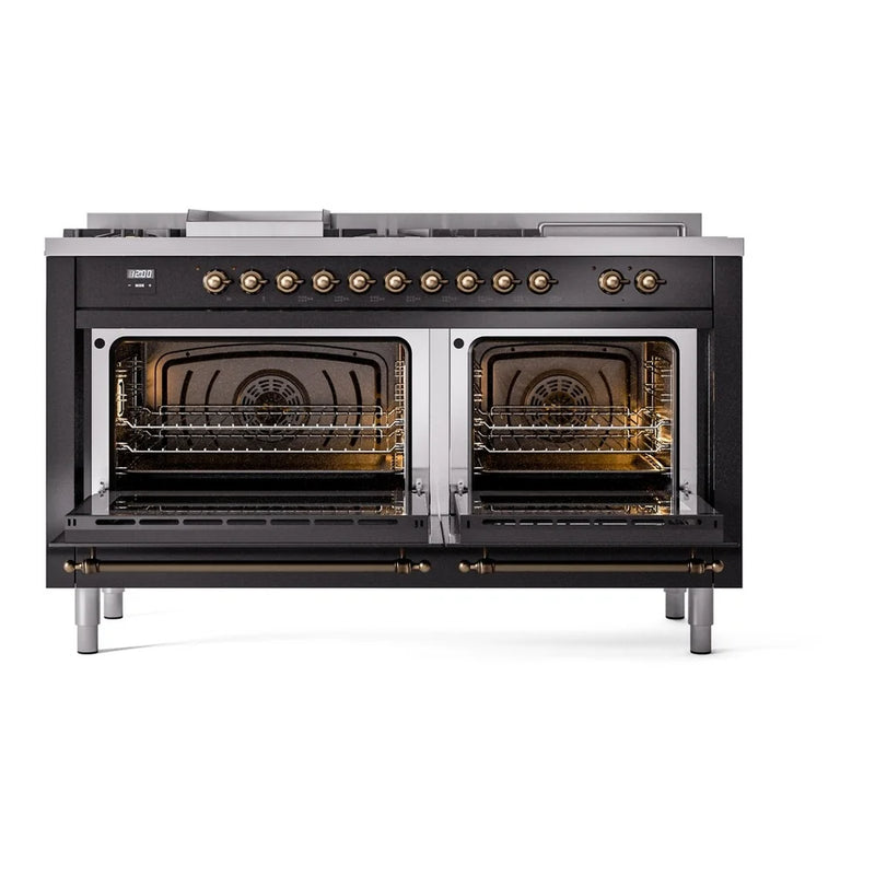 ILVE Nostalgie II 60" Dual Fuel Freestanding Range in Glossy Black with Burnished Trim, UP60FSNMPBKB