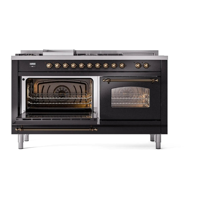 ILVE Nostalgie II 60" Dual Fuel Freestanding Range in Glossy Black with Burnished Trim, UP60FSNMPBKB