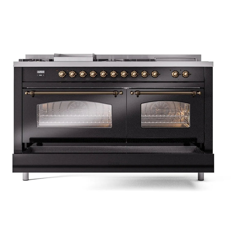 ILVE Nostalgie II 60" Dual Fuel Freestanding Range in Glossy Black with Burnished Trim, UP60FSNMPBKB