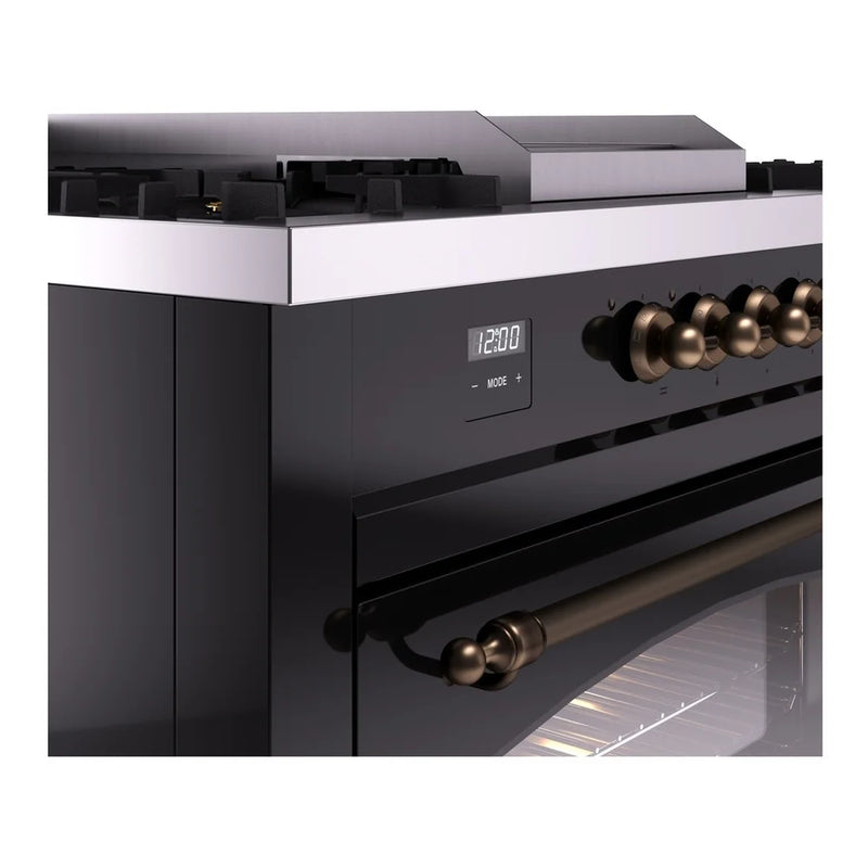 ILVE Nostalgie II 60" Dual Fuel Freestanding Range in Glossy Black with Burnished Trim, UP60FSNMPBKB