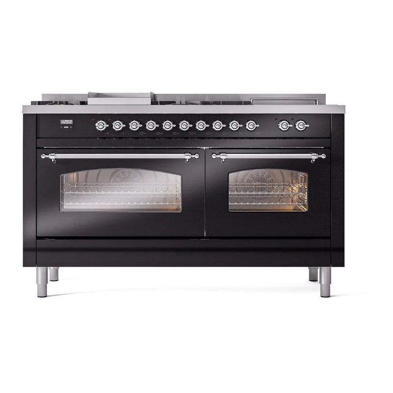 ILVE Nostalgie II 60" Dual Fuel Freestanding Range in Glossy Black with Chrome Trim, UP60FSNMPBKCLP