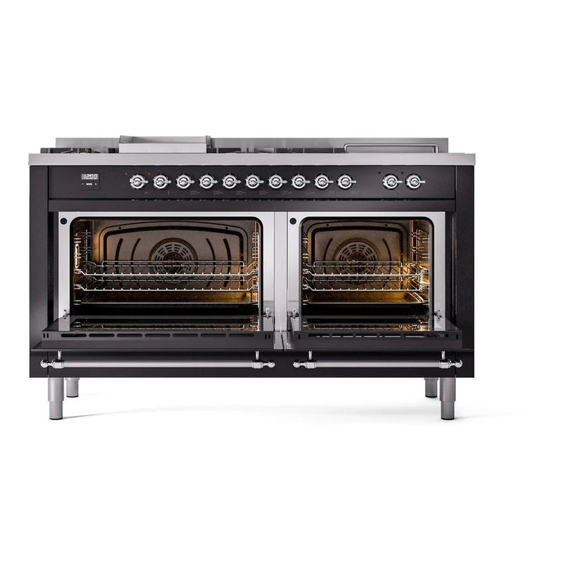 ILVE Nostalgie II 60" Dual Fuel Freestanding Range in Glossy Black with Chrome Trim, UP60FSNMPBKCLP