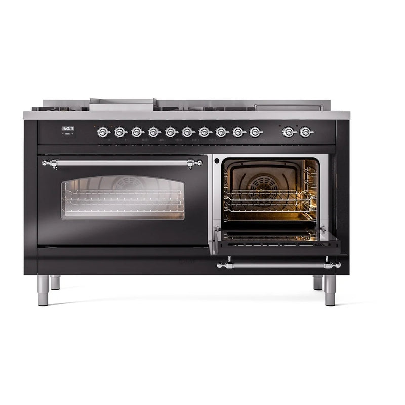 ILVE Nostalgie II 60" Dual Fuel Freestanding Range in Glossy Black with Chrome Trim, UP60FSNMPBKCLP