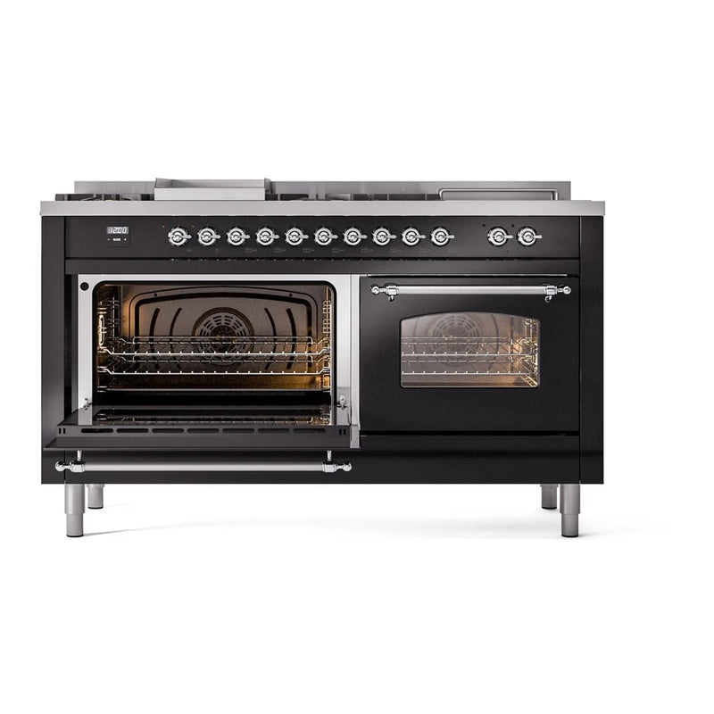 ILVE Nostalgie II 60" Dual Fuel Freestanding Range in Glossy Black with Chrome Trim, UP60FSNMPBKC
