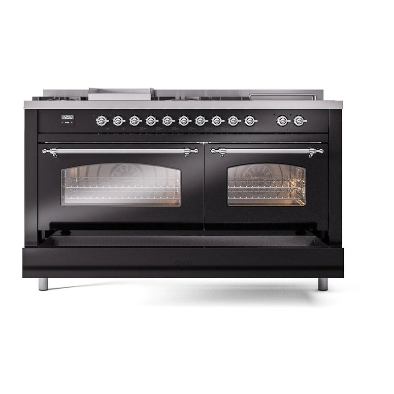 ILVE Nostalgie II 60" Dual Fuel Freestanding Range in Glossy Black with Chrome Trim, UP60FSNMPBKC