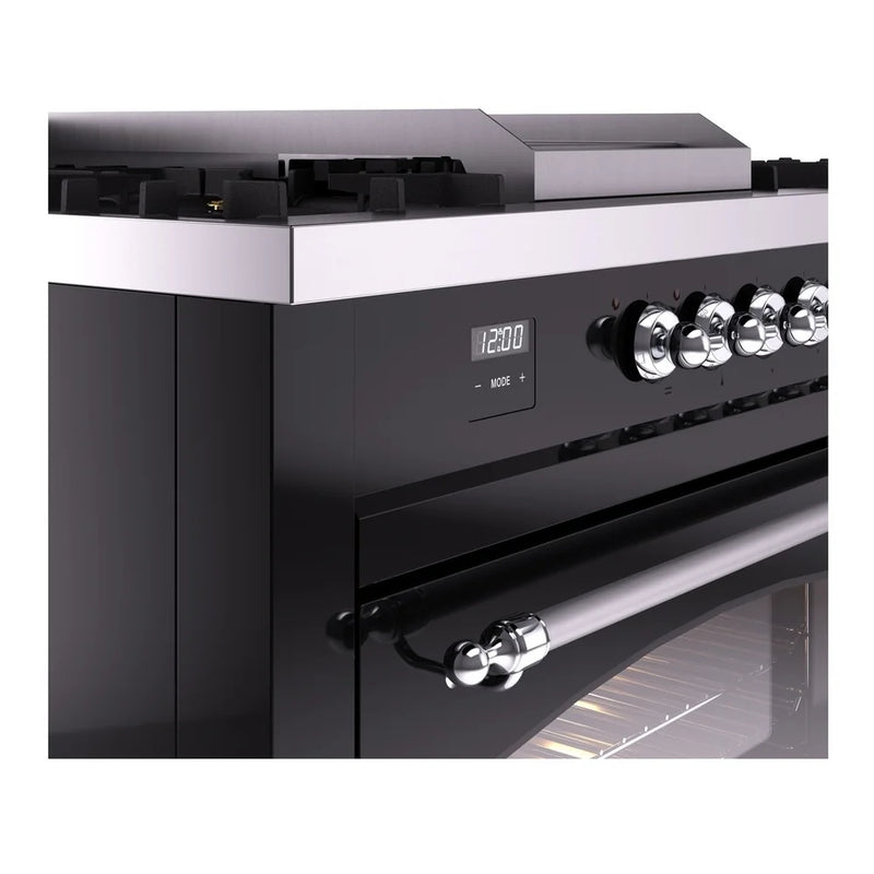 ILVE Nostalgie II 60" Dual Fuel Freestanding Range in Glossy Black with Chrome Trim, UP60FSNMPBKC