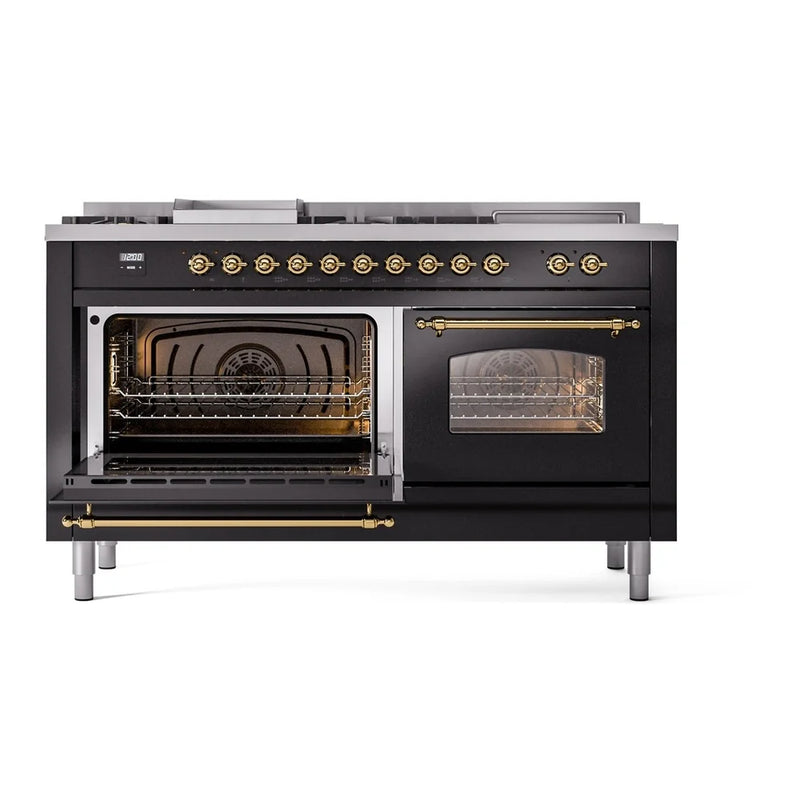 ILVE Nostalgie II 60" Dual Fuel Freestanding Range in Glossy Black with Brass Trim, UP60FSNMPBKGLP