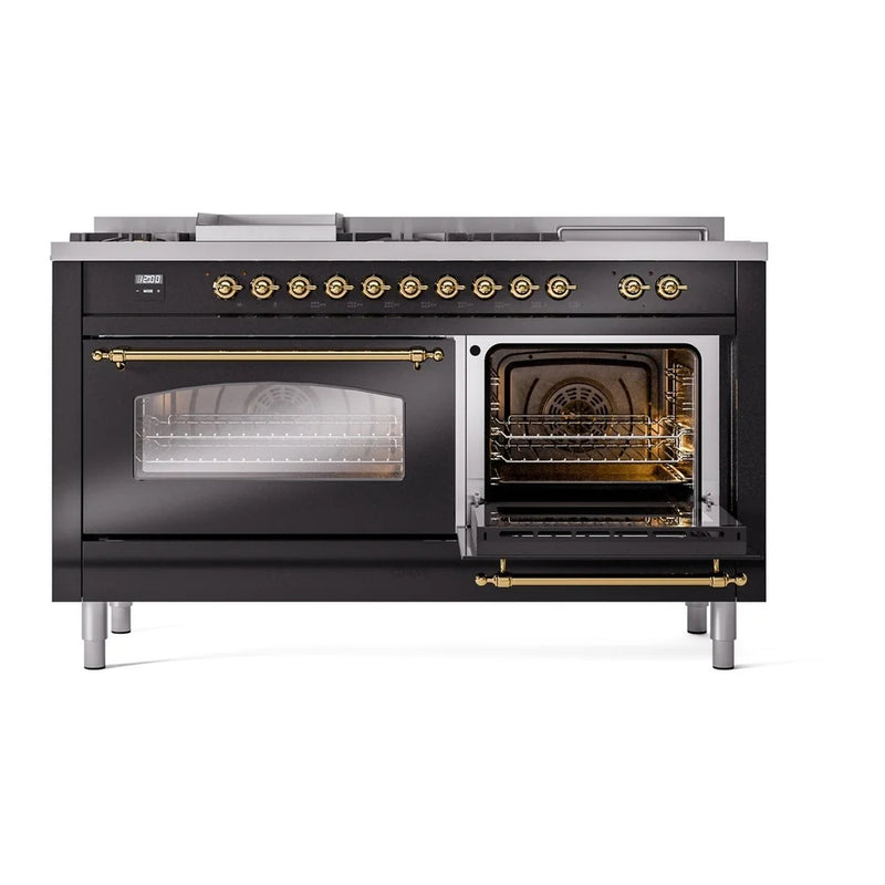 ILVE Nostalgie II 60" Dual Fuel Freestanding Range in Glossy Black with Brass Trim, UP60FSNMPBKGLP