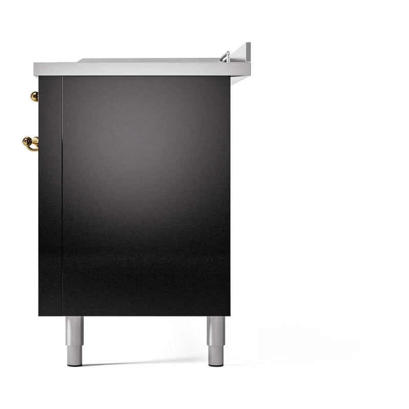 ILVE Nostalgie II 60" Dual Fuel Freestanding Range in Glossy Black with Brass Trim, UP60FSNMPBKGLP
