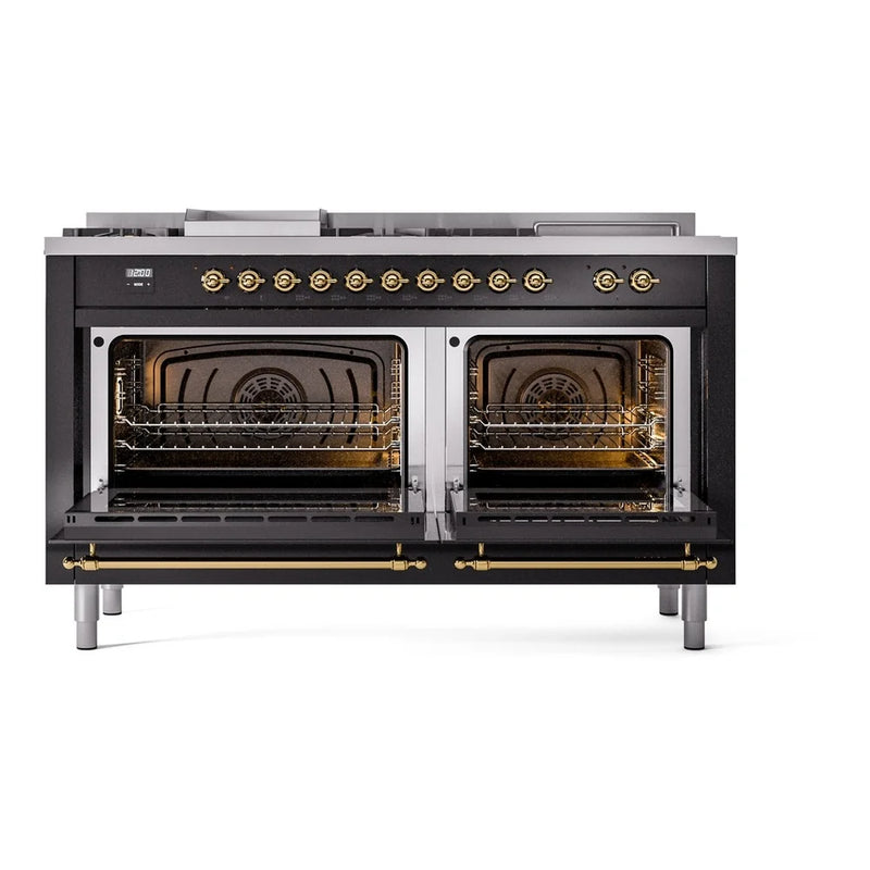 ILVE Nostalgie II 60" Dual Fuel Freestanding Range in Glossy Black with Brass Trim, UP60FSNMPBKG