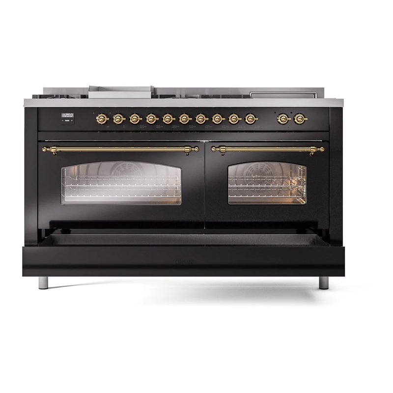 ILVE Nostalgie II 60" Dual Fuel Freestanding Range in Glossy Black with Brass Trim, UP60FSNMPBKG